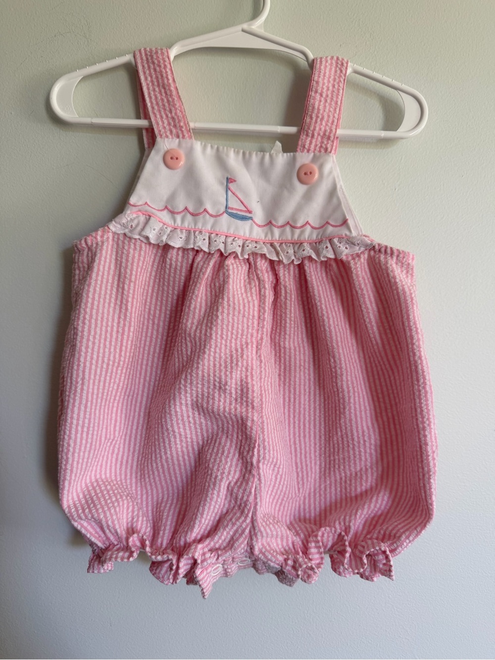 Vintage Pink Seersucker Sailboat Bubble Romper Girly Nautical Frilly